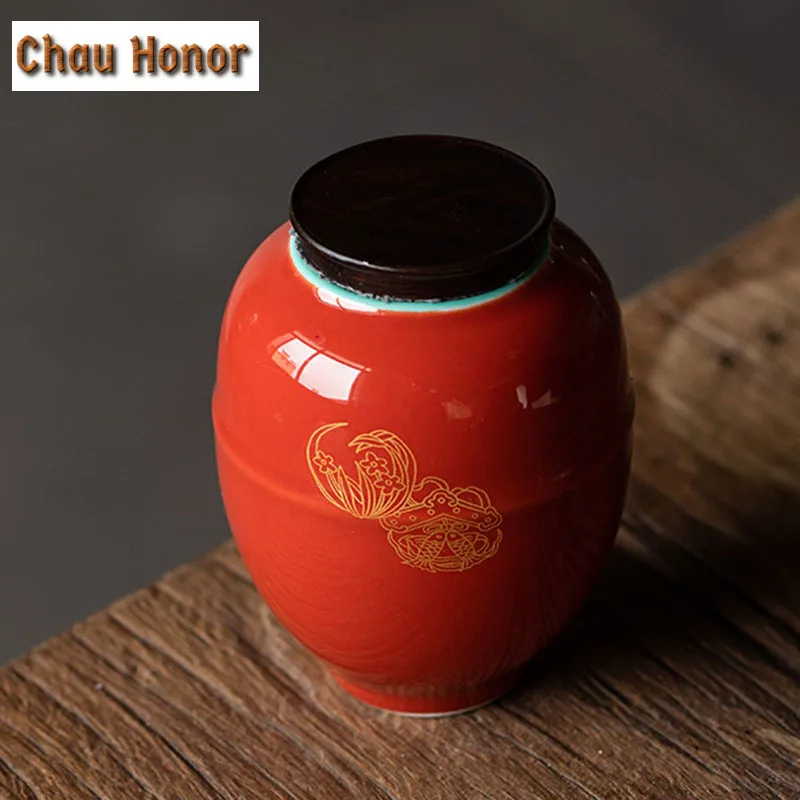 245ml Boutique Palace Red Glaze Art CeramicTea Caddy Household Tea Leaf Hermetic Pots Embroidered Art Hermetic Pots Accessories