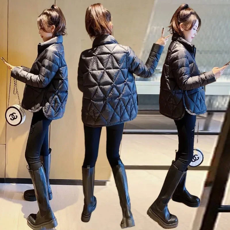 2023 Winter New Loose Korean Version Temperament Small Fashion Light and Light Down Cotton Jacket Warm Coat Female Solid Color
