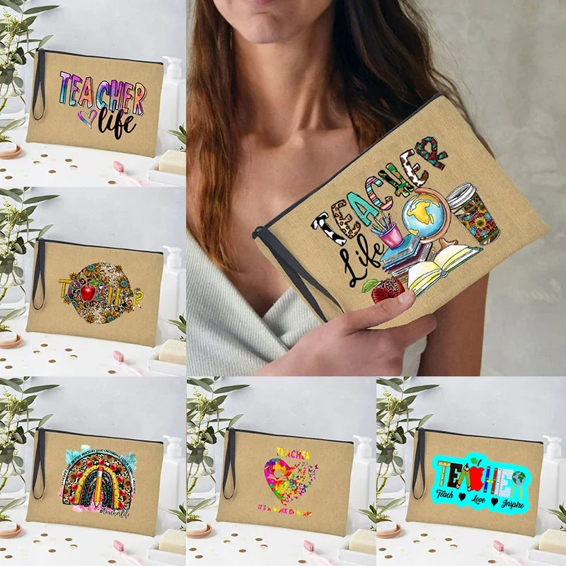 

Teach Love Inspire Print Linen Makeup Pouch Pencil Cases Gift for Teacher Travel Toiletry Bag Makeup Organizer Bag Best Present
