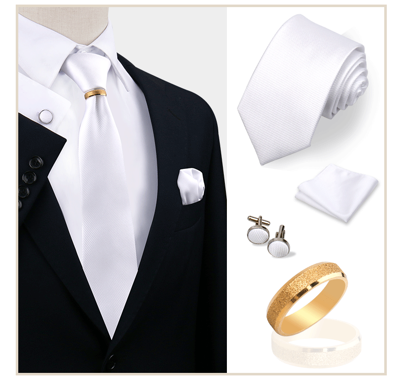 Luxus-Krawattenset in Uni-Farbe für Herren, Krawatte, Taschentuch, Manschettenknöpfe mit goldenem Metallring, Brosche, Anzug, Hochzeit, Herren-Accessoires – Detail 20