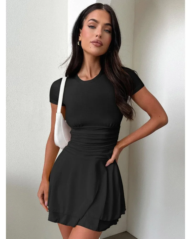 Fashion Folds Ruffled Mini Dress For Women Summer New Solid Color Short Sleeves Female Clubs Party Sexy Slim Fit Dress