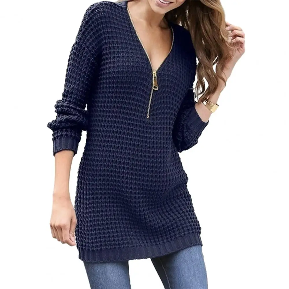 

Lady Fall Mid Length Sweater Chic Lady Knitted Sweater Dress Slim Fit V Neck Soft Pullover Stylish Mid Length Commute for Women