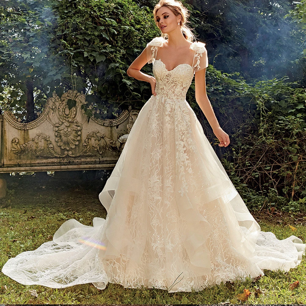 

Aviana Princess Layers Sweetheart Collar Wedding Dress For Women Short Sleeves Backless Bridal Gown Elegant Robe De Mariée