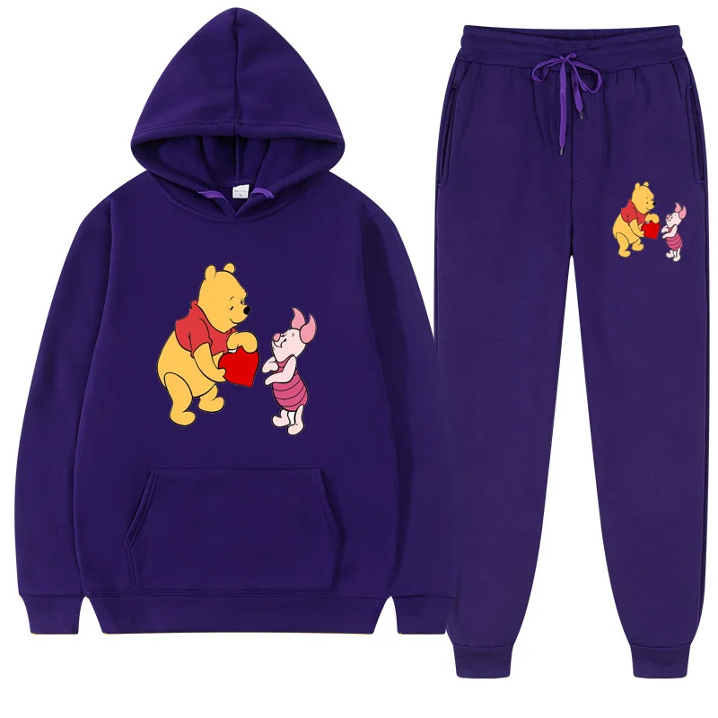 Anime Pooh Bear Print Hooded Sweatshirt Suit For Women Autumn New Disney Hoodie + Trousers 2 Sets Of Coupleswear Fashion Sports