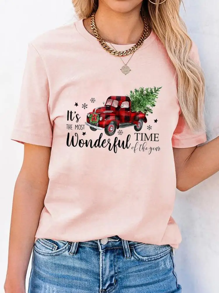 

Plaid Truck Letter 90s Cute Tee Clothes Top Print T Shirt Christmas Women New Year Short Sleeve Fashion Basic Graphic T-shirts
