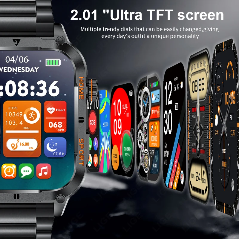 LIGE Men Smart Watch Military 2.01'' Large Screen Health Monitor Bluetooth Call Watches Waterproof Sports Smartwatch For Android