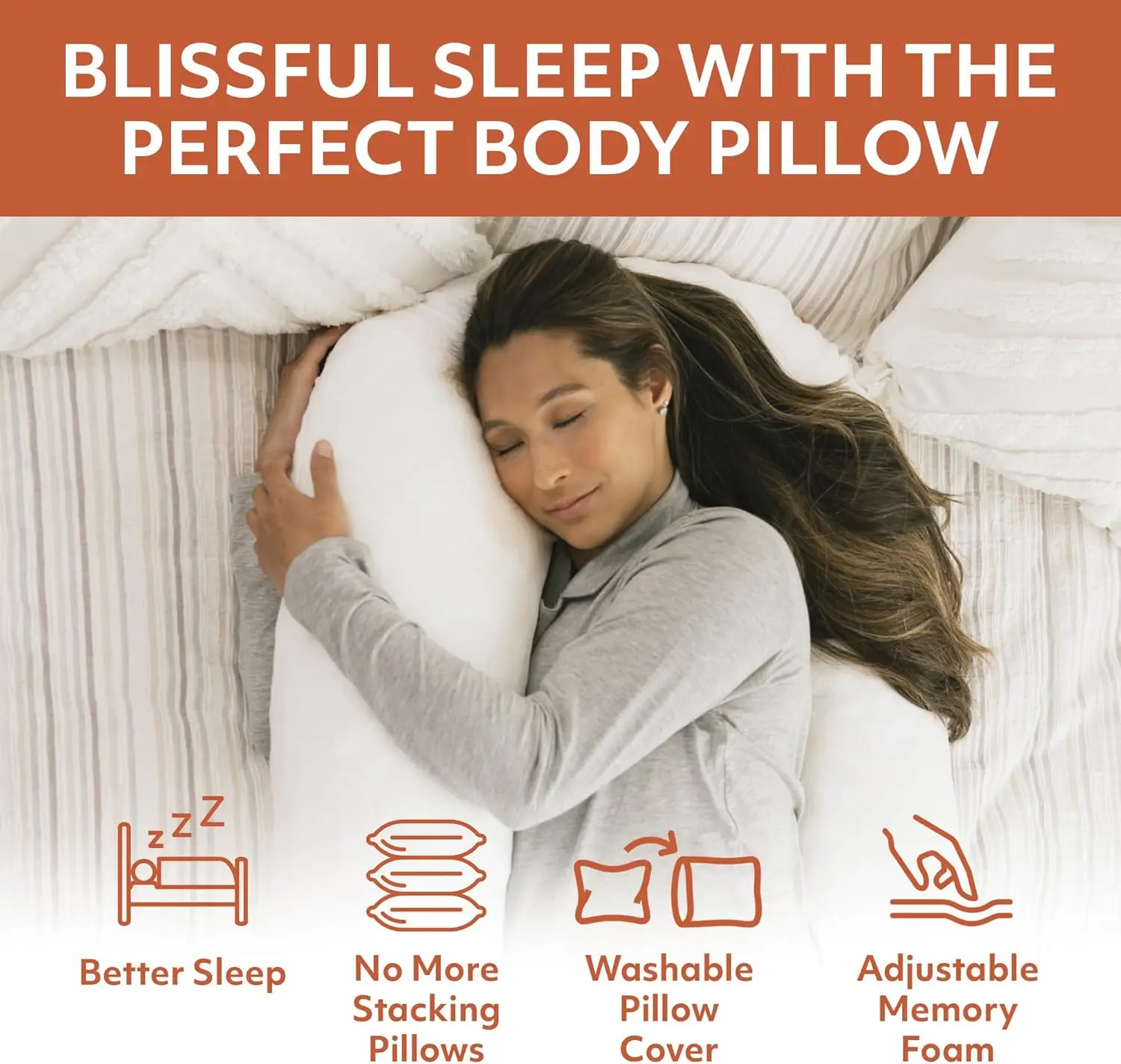 Therapeutic Full Length Body Pillow, Adjustable Shredded Memory Foam Pillow for Side Sleepers, J-Shaped Body Pillow  22"x50"x6"