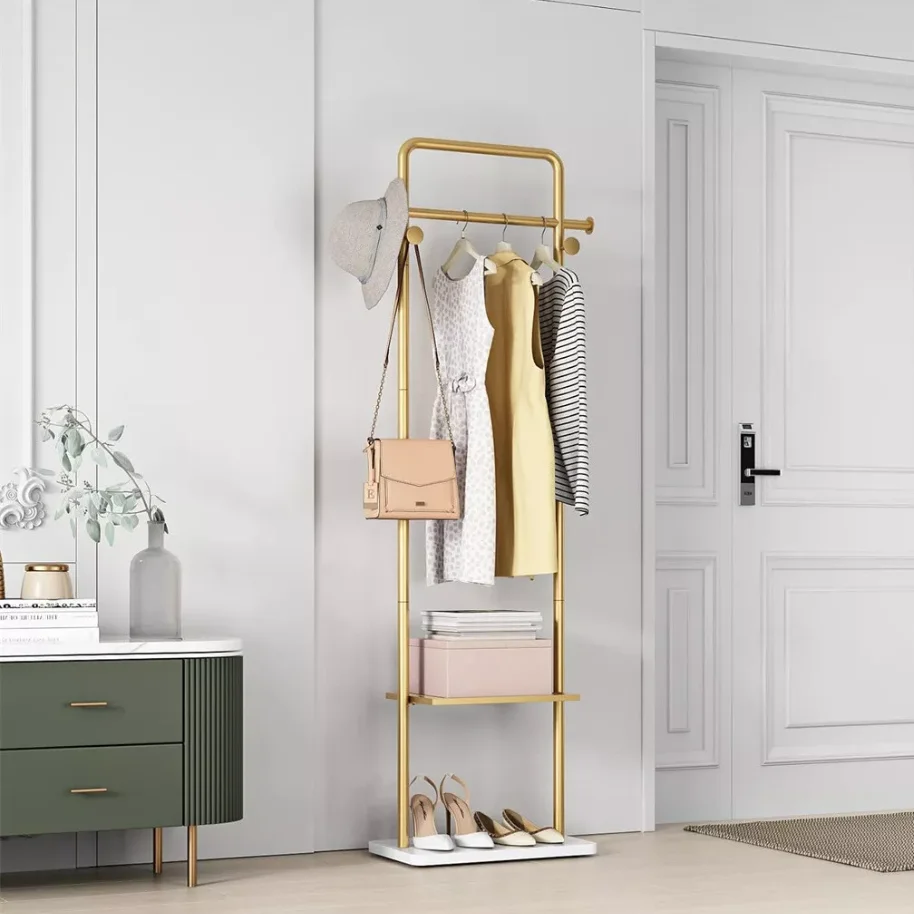 Metal Gold Coat Rack Entryway Corner Stand Hat Coat Hanger with Marble Base Heavy Duty 3