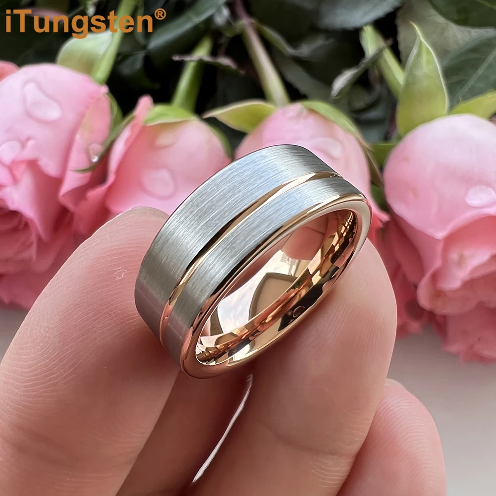 iTungsten 8mm Dropshipping Black Men Ring Women Tungsten Wedding Band Offset Groove Brush Finish Excellent Quality Comfort Fit