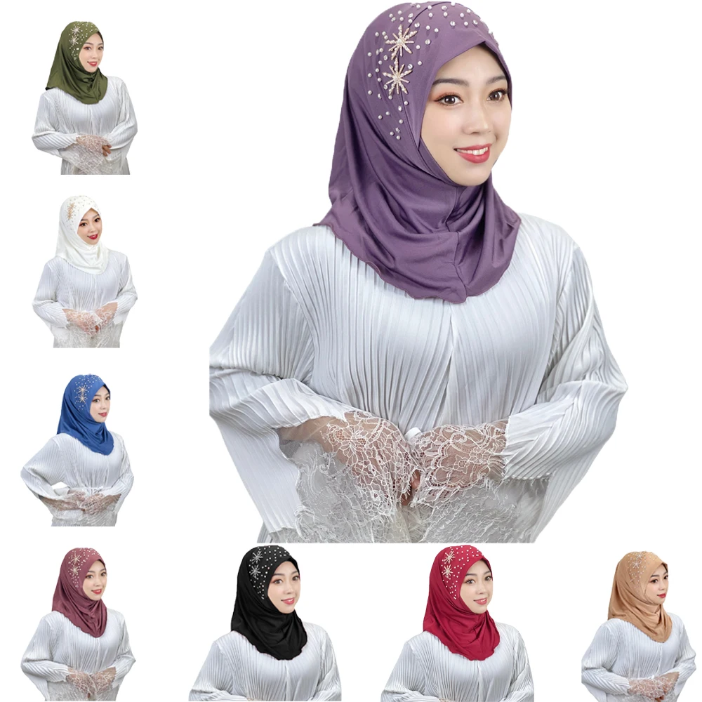 

Top Quality Muslim Hijab with Rhinestones Amira Hijab Pull On Pray Scarf Headscarf Islam Scarves Head Cover Turban Caps Bonnet