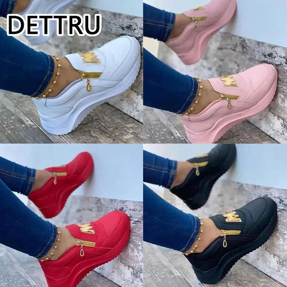 Running Shoes Women Sport Shoes Thick Bottom Solid Color Ladies Vulcanized Sneakers Ladies Fashion PU Shoes Zipper Sneakers