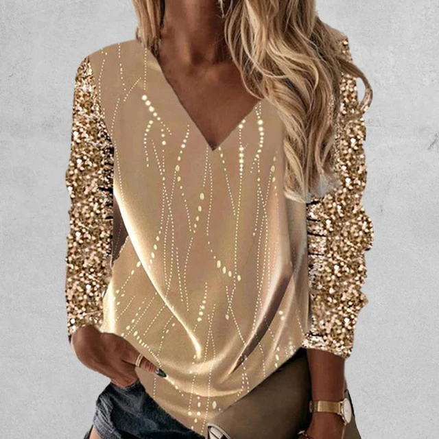 Pullover blusa de fiesta suelta Color costura blusa brillante - AliExpress