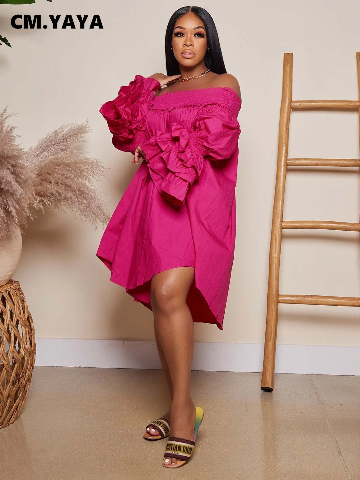 Cm.yaya Chic Women Cascading Ruffles Petal Off Shoulder Long Sleeve Smock  Dress 2022 Big Swing Loose Blouse Sundress Vestidos - Dresses - AliExpress