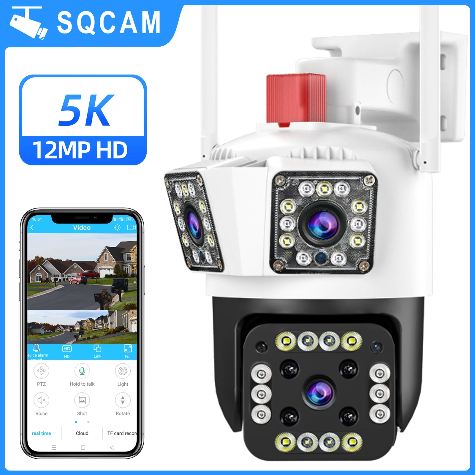SQCAM Wifi IP Camera Surveillance 3 Lens Cameras Waterproof Security System Video 12MP HD For Outdoor Auto Tracking PTZ Cameras wjg 6k 12mp wifi ip camera security protection motion tracking three lens three screen outdoor waterproof surveillance cameras