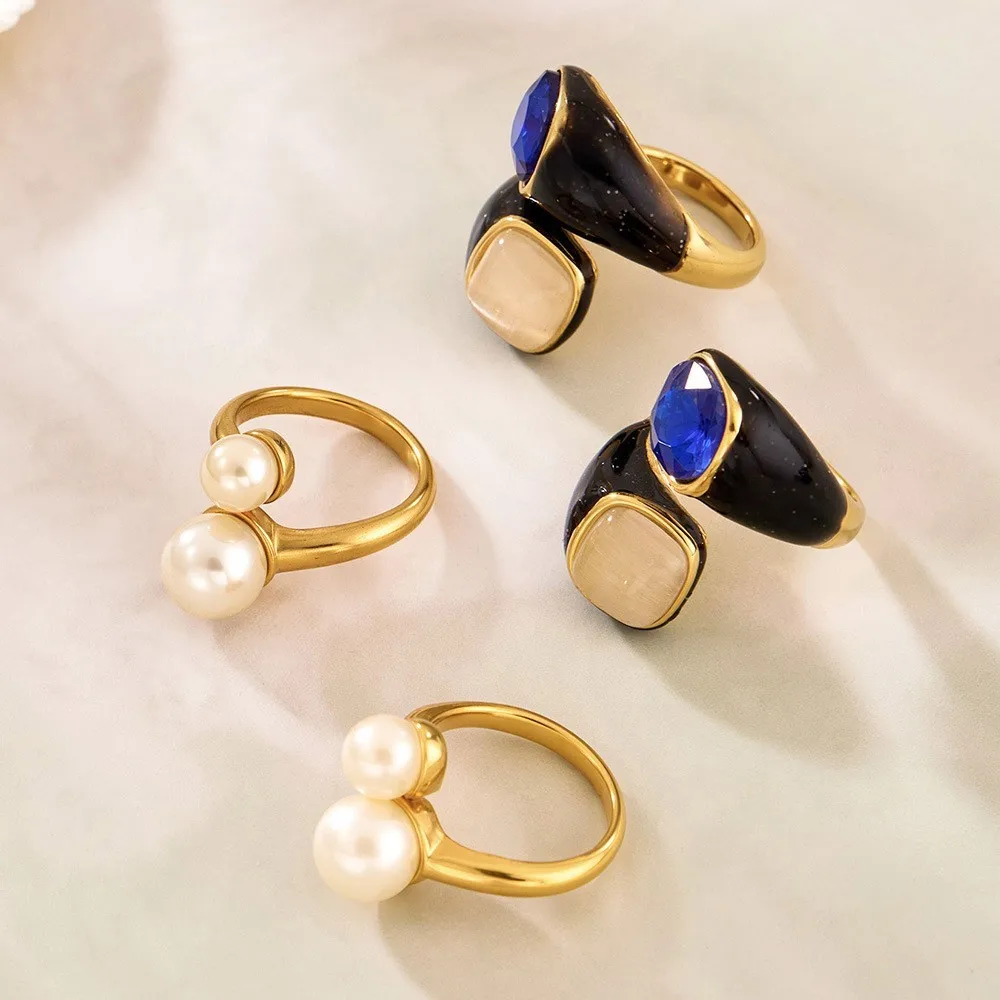Blue Opal Stone Hug Ring: 18K Gold Plated Statement Chunky Band with Black Enamel Design