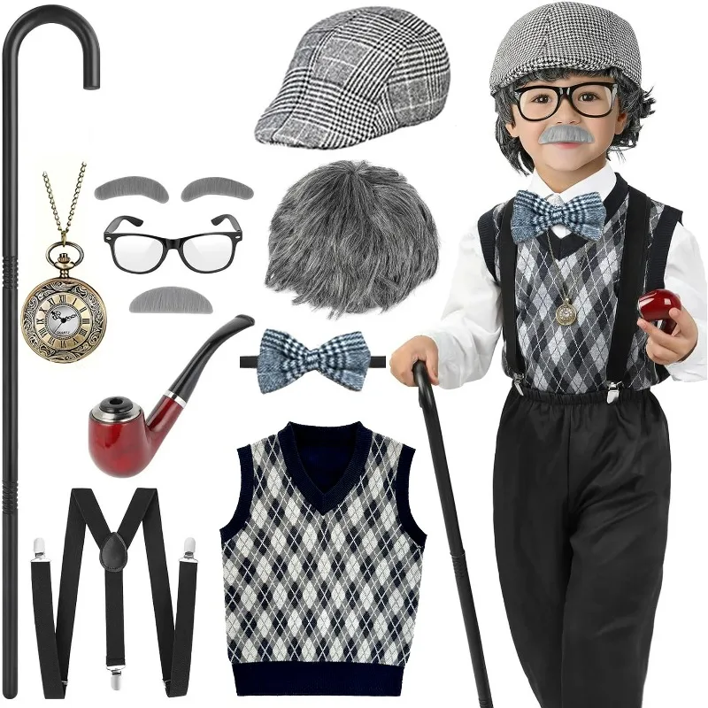 100 Days Of School Grandpa Cosplay Costume Old Man Vest Hat Glasses Props Set for Boys Halloween Carnival Party Performance