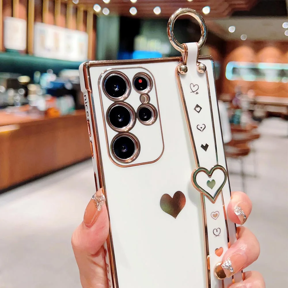 Cute Love Heart Plating Wristband Phone Holder Case Cover
