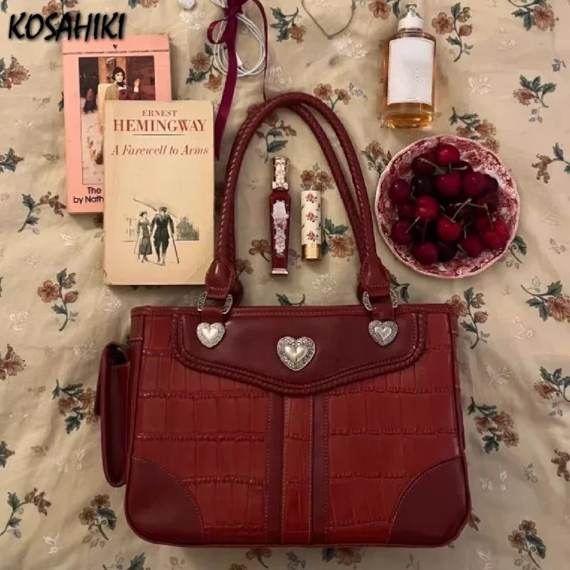 Y2k Aesthetic Fashion Heart Women's Purses Casual Vintage Elegant Chic Handbags Japanese Female All Match Trendy Top-Handle Bags