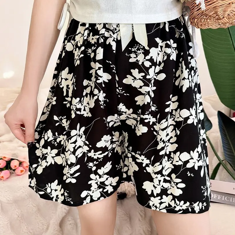 Summer Women's Elastic High Waisted PocketsPlant&Flowers Tie Dye Printing Loose Sweatpants Vacation Beach Bandage Sweet Shorts