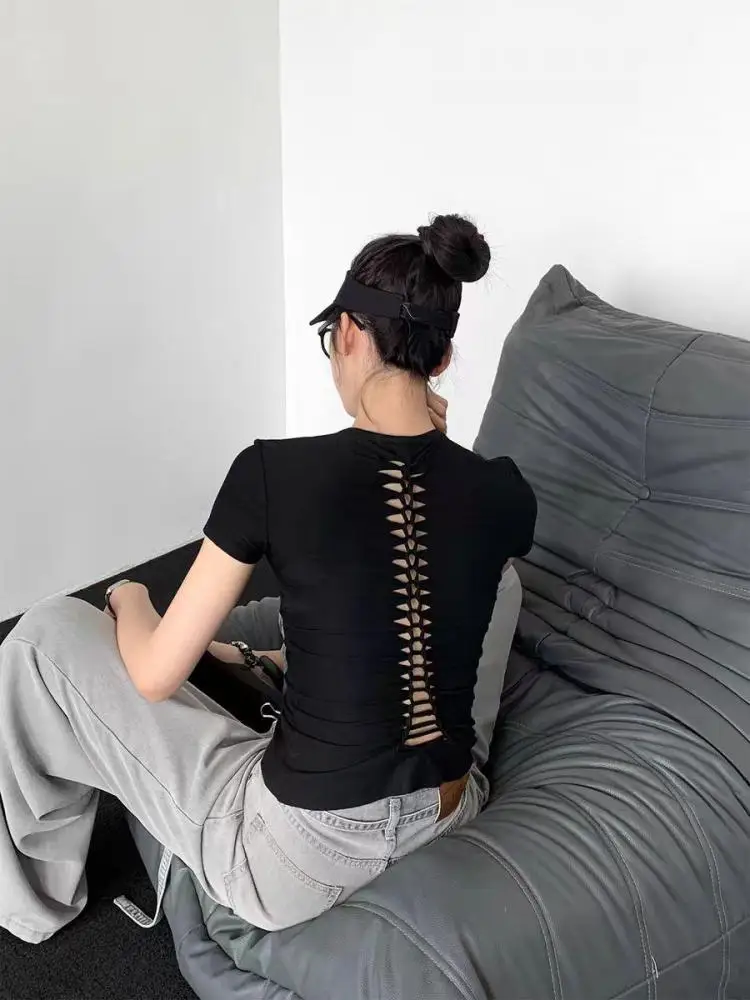 Yedinas Back Hollow Out Solid Women's T-shirt Korean Fashion Short Sleeve Slim Streetwear Summer Tops Soft Tees Female Clothing 5