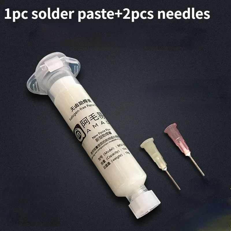 New 1PC AMAOE Solder Paste with 2Pcs Syringe Needles Halogen-Free Welding Oil Flux for BGA PCB Reballing Repair Soldering Paste new type low temperature lead free syringe smd solder paste flux for soldering led repair welding paste tool