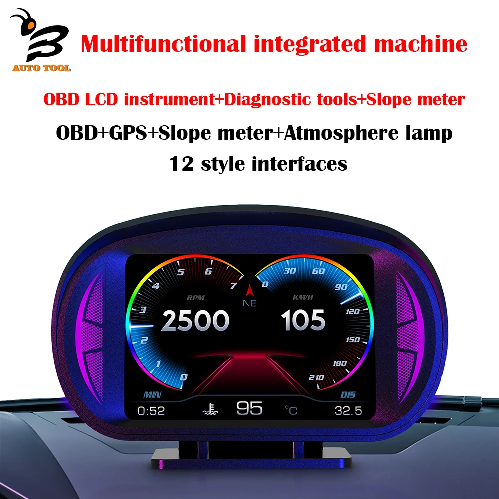 

P2 OBD2 GPS Car HUD Display Slope Meter Head Up Display Car Gauge Speedometer Alarm Function Car Electronic Accessories