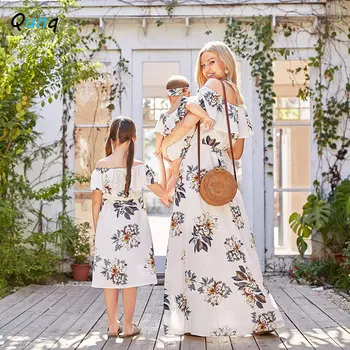 Qunq Summer New Parent-Child Outfit One-Line Shoulder Printed Chiffon Temperament Casual Dress Mom And Daughter Matching Clothes 2