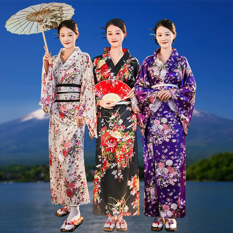 Japanese Women Fashion Tradition Yukata Silk Rayon Kimono With Obi Flower Vintage Cosplay Costume Evening Dress One size