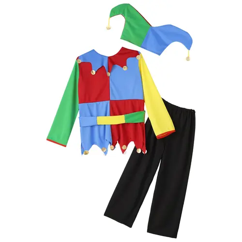 Girls Boys Clown Cosplay Costume Colorful Patchwork Circus Clown Dress with Hat Pants Halloween Carnivals Performance Outfit - Image 2
