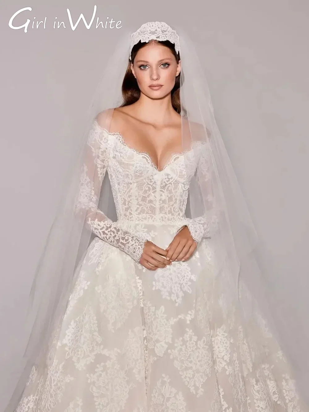 Customized Off Shoulder Wedding Dresses V-Neck With Full Floral Appliques Long Sleeves Bride Wedding Dress Vestidos De Novia