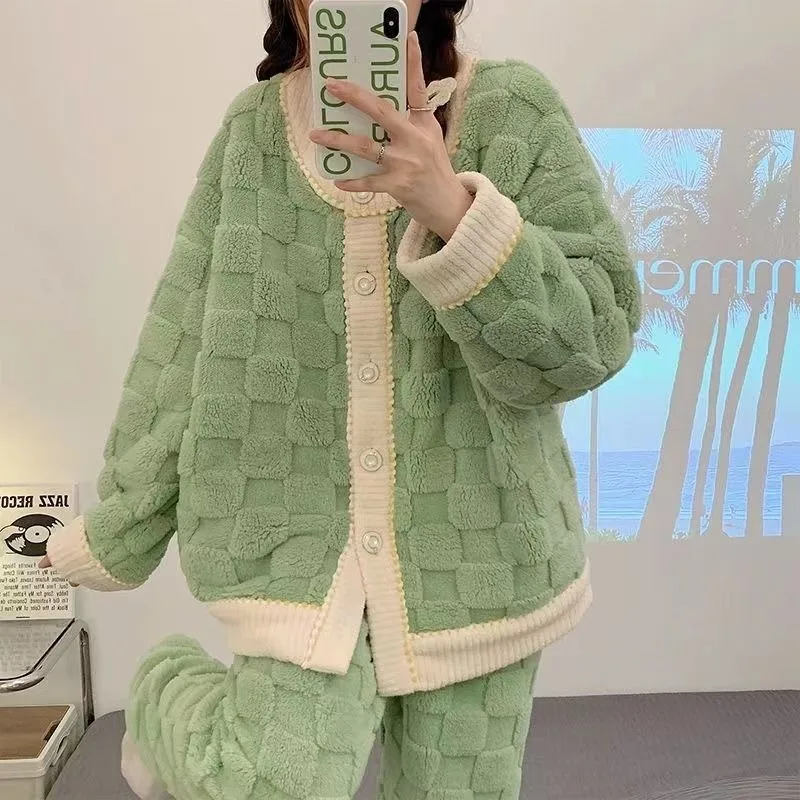 Coral velvet pajama women Autumn Winter thickened loose flannel women's set Student Korean cute Home dress Can be worn outside