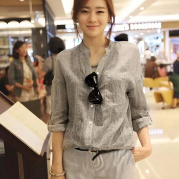 Casual Long Seleeve Literature Femal Autumn Blouse 2023 Cotton Linen Shirt Woman Vintage Winter Loose Stand-up Collar Shirt