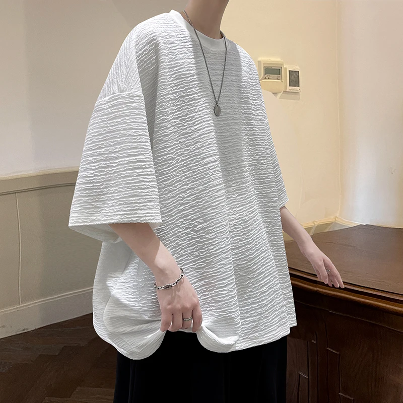 

Summer Short Sleeved T-shirt Men Oversized Retro Pleated T Shirt Men Streetwear Hip-hop Loose Round Neck T Shirt Mens Top M-2XL