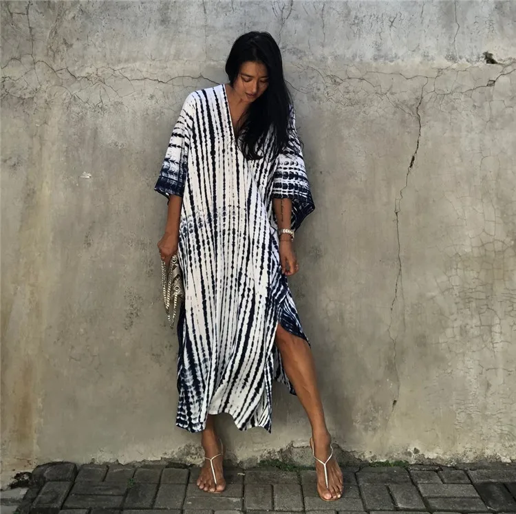 2023Summer Bohemian Striped Print Women Beach Dress Bathing Suit Cover Up Summer Tunic for Woman Beachwear Robe De Plage Kaftan