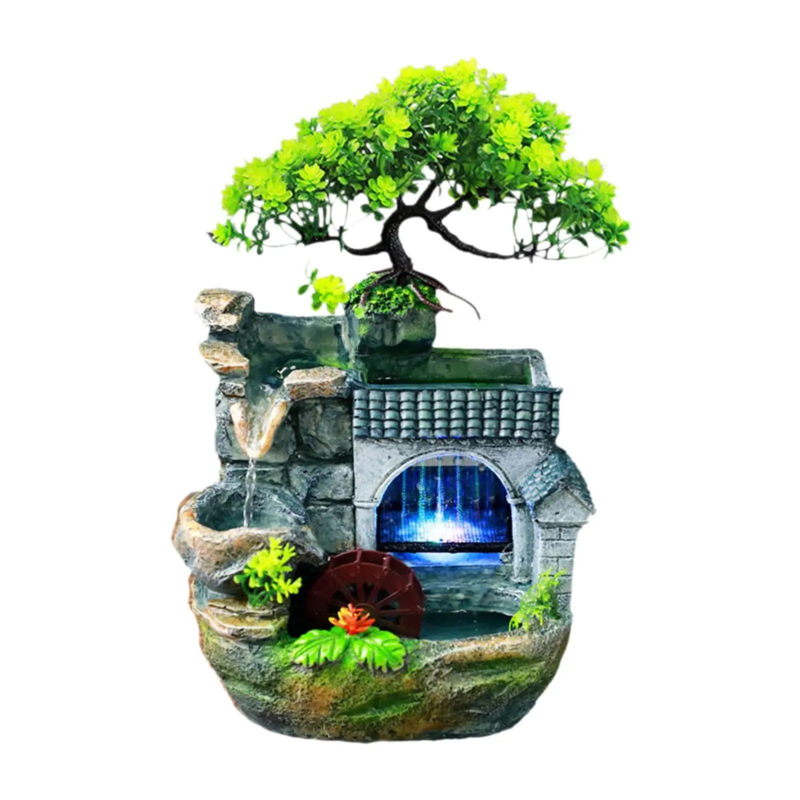 Table Water Fountain with Colorful Light EU 220V Feng Shui Ornament with Pump Mini Waterfall for Living Room Handmade Versatile