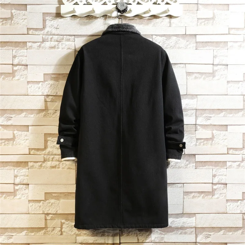 Men's Denim Trench Coat Mid-length Autumn-winter Retro Casual Loose Fleece Large Size Lapel Coat