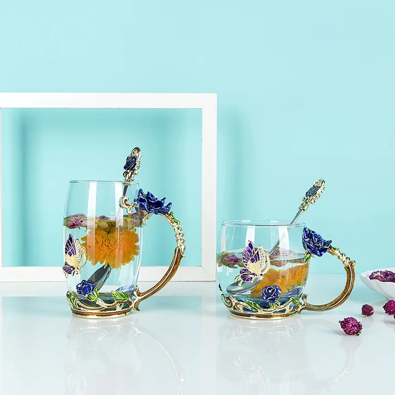 

Blue Rose Enamel Crystal Cup Flower Tea Glass High-grade Water Cup Painted Butterfly Heat-resistant Water Cup Spoon Set Gift