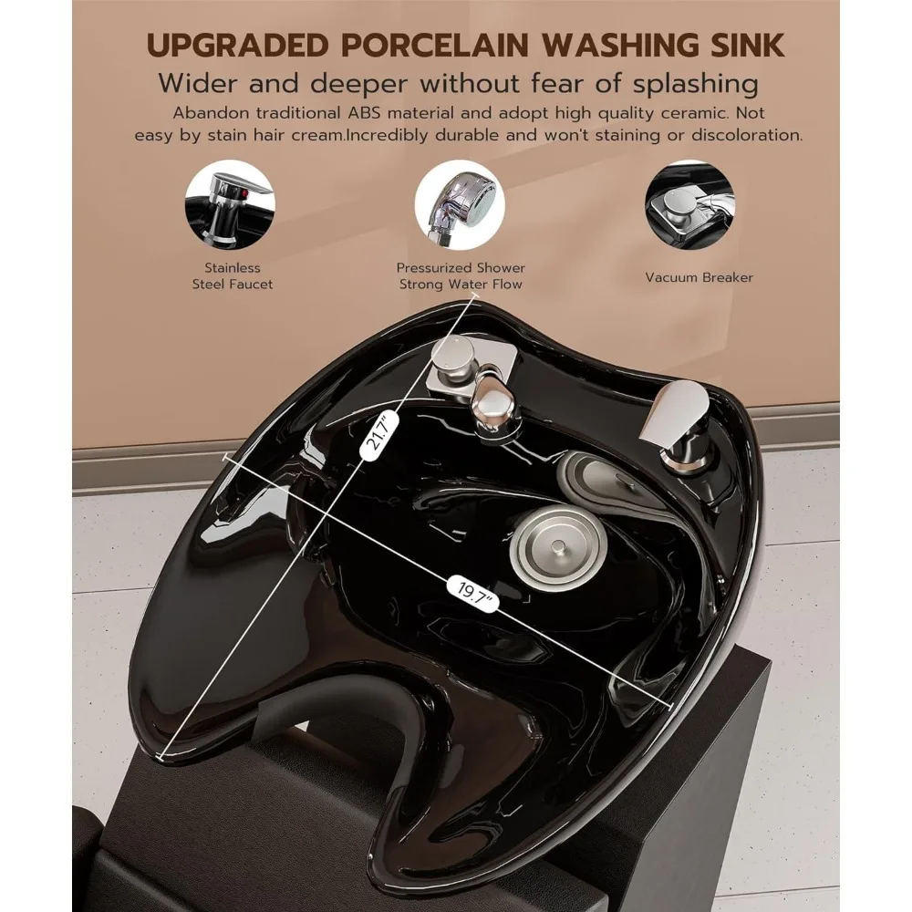 Description Picture 4 of itemSalon Shampoo Bowl and Chair Set 2PCS, Backwash Shampoo Stations Tilting Hair Wash Chairs w/Deep Porcelain Sink, Shampoo Chairs