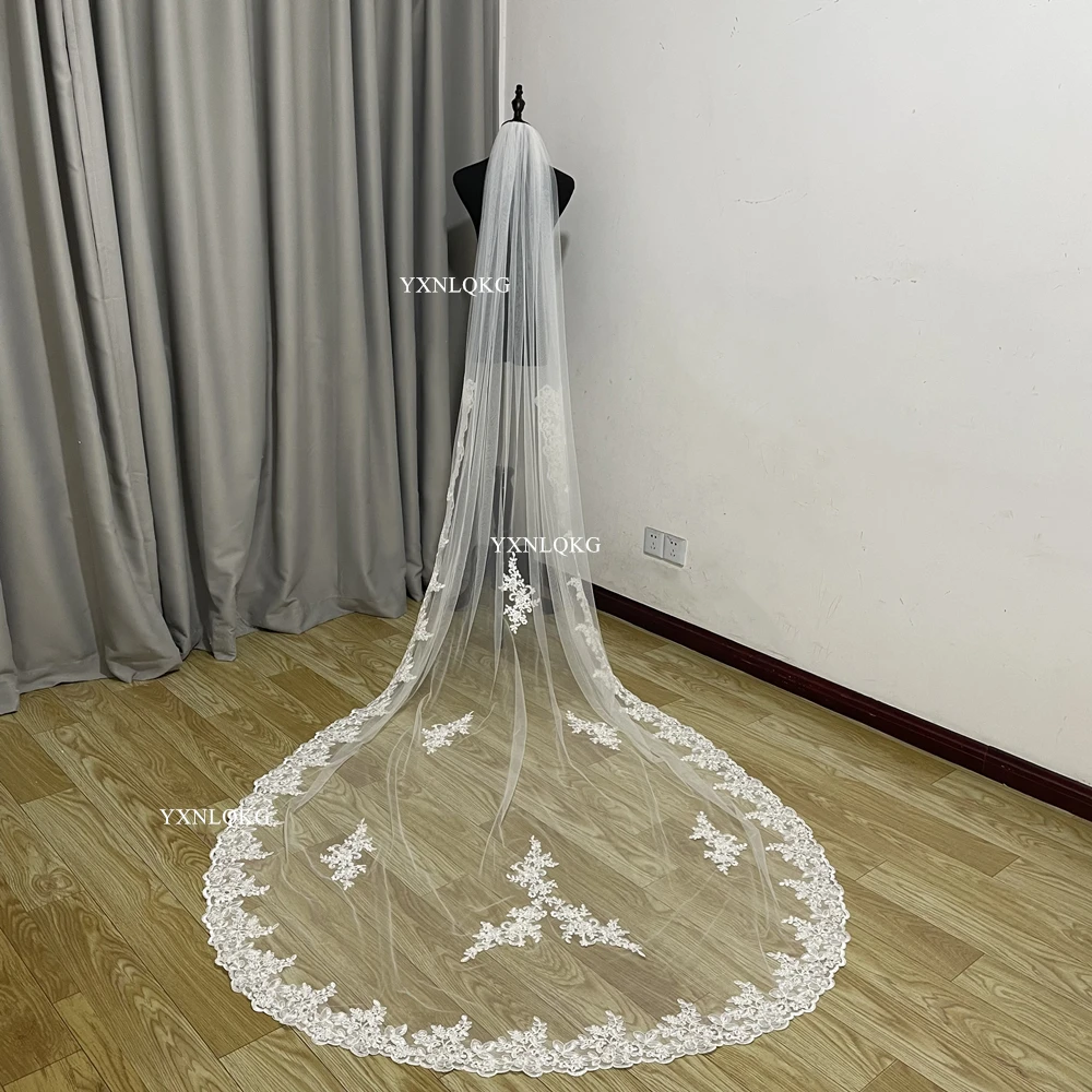 One Laye Elegant Wedding Accessories Appliques Tulle Long Cathedral Wedding Veils Lace Edge Bridal Veil 3 Meters Veu De Noiva