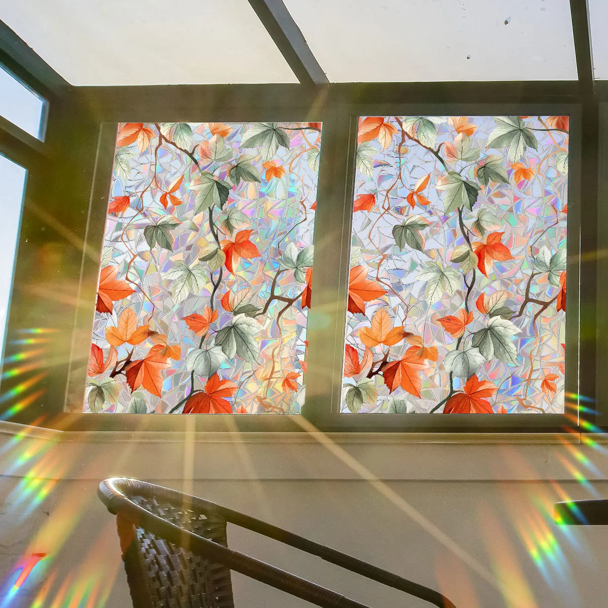 Fresh Retro Flower Vine Maple Leaf Sunshine Colorful Electrostatic Glass Stickers Window Stickers Double Sided Visual Decoration