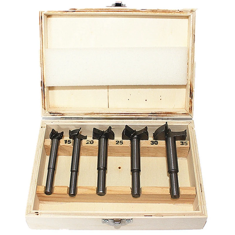 

HOT SALE Woodworking Hole Opener Set Primary Color 5PCS Wooden Box Packed Alloy Blade Woodworking Hinge Hole Opener Bit