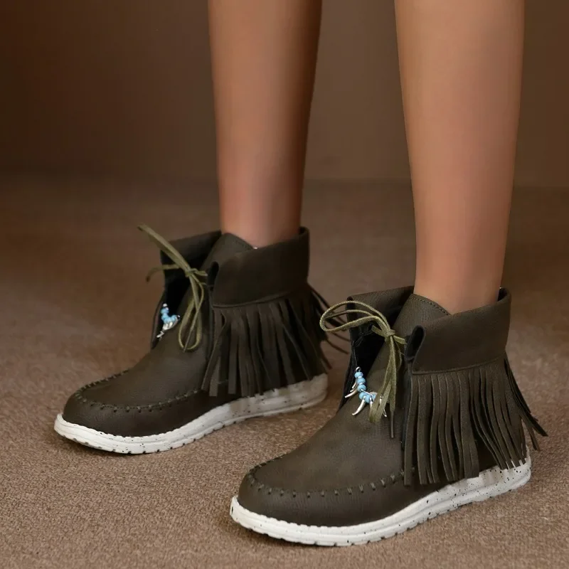 2024 Autumn Women's Casual Comfortable Ankle Snow Boots Retro Solid Color Lace Up Round Toe Flat Heel Casual Walking Shoes 36-43