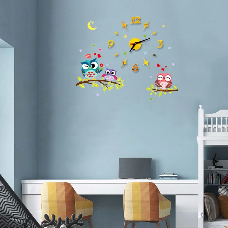 2022 Children'S Room 3D Diy Wall Clock Modern Home Decoration Owl Art Sticker Decal Acrylic Quartz Watch Living Wall Clocks
