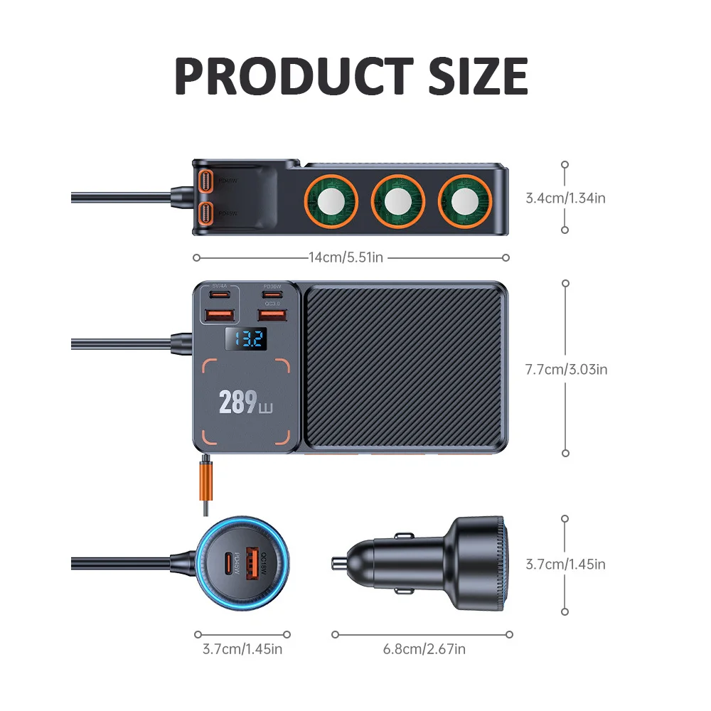 11 in 1 시거잭 분배기 289w12v/24v 차량용 충전 어댑터 PD/QC 3.0 충전 3구 DC 시거잭 분배기