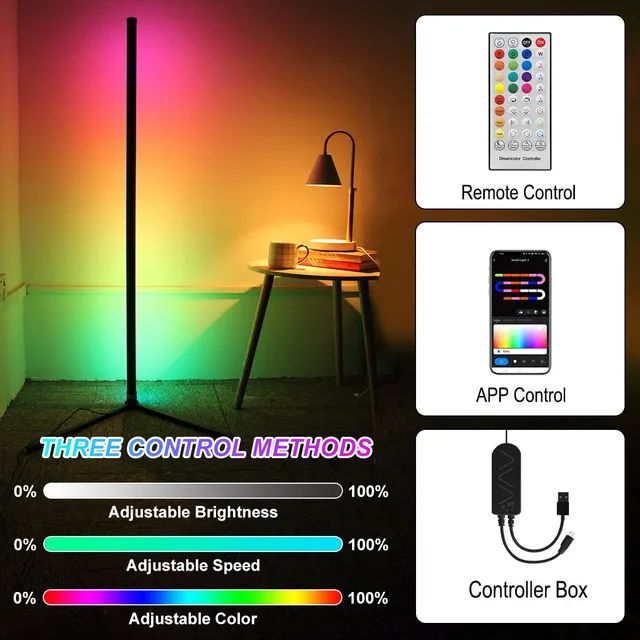 스마트 투야 코너 플로어 램프는 밝기 조절이 가능한 RGB LED 모던 무드 조명으로, 침실에서 게임이나 거실 장식으로 사용하기에 적합한 160cm 램프입니다.