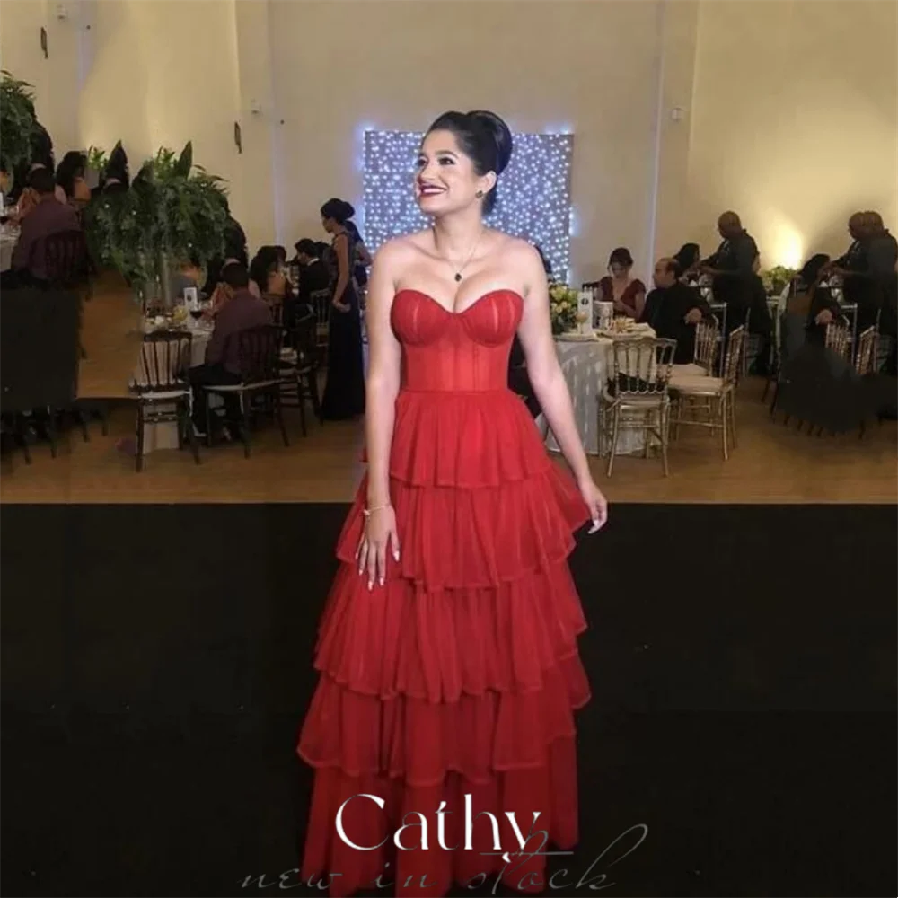 

Cathy Red Strapless Floor Lenght Vestidos De Noche Sleeveless Multilayer Prom Dress 2023 Sexy Sweetheart A-line فساتين السهرة