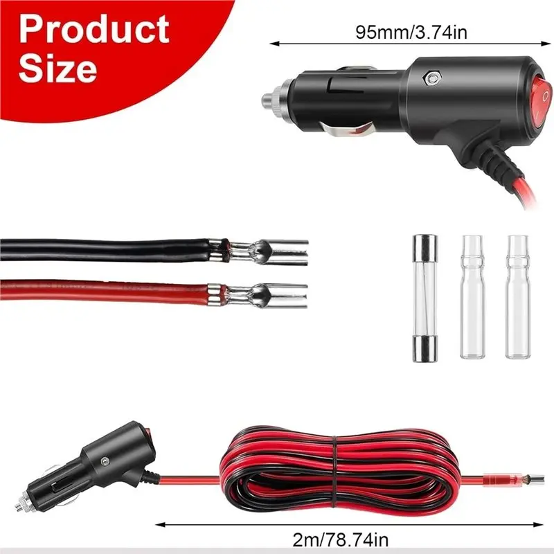 스위치가 있는 시가 라이터 플러그 2M 연장 케이블 12V/24V 16AWG 구리선(LED 표시기 및 15A 퓨즈 포함), 자동차 어댑터