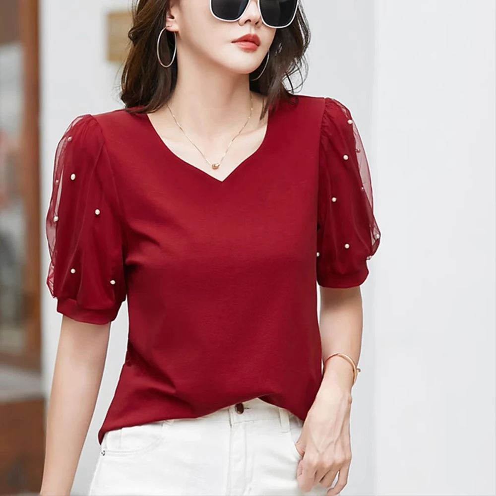 T-shirt à manches courtes pour femmes, Station européenne, Été, Nouveau, Mode, observateur, Luxe, Pur Coton, Col en V, Haut décontracté 1