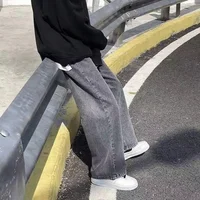2025 New Korean Men's Casual Long Jeans Classic Man Straight Denim Wide-leg Pants Gyms Solid Color Light Blue Grey Black M-3XL