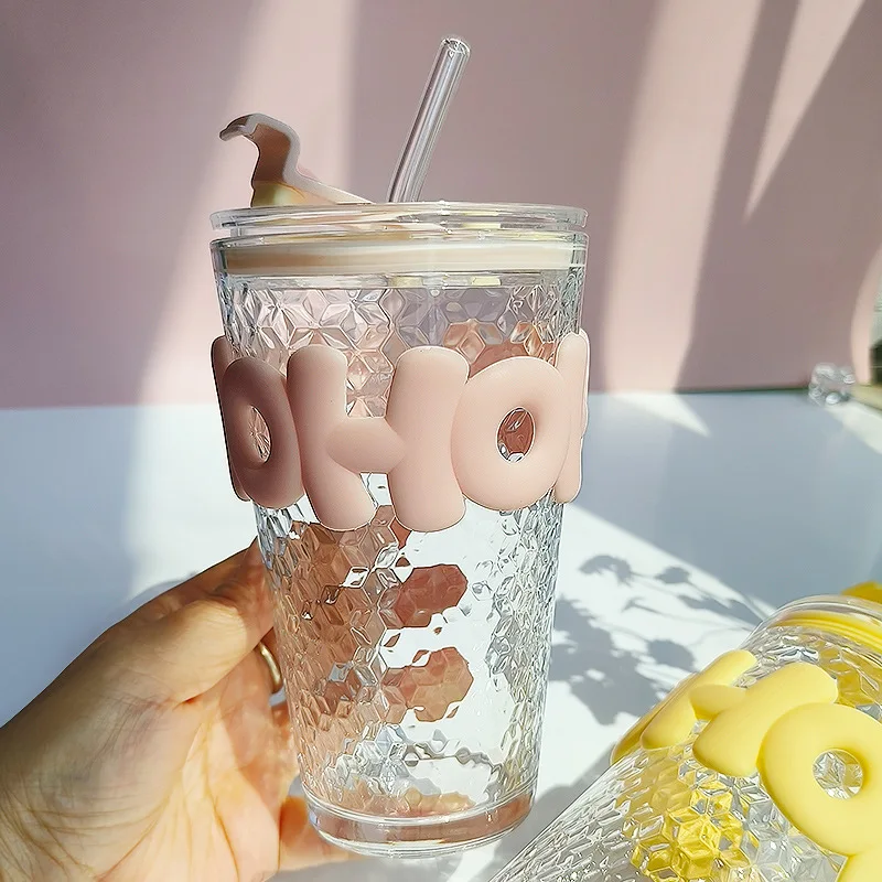 Hammer Double Drink Straw Cup High Beauty Coffee Cup Scald Proof Glass Cold Drink Juice Cup Milk Cup Covered Cup